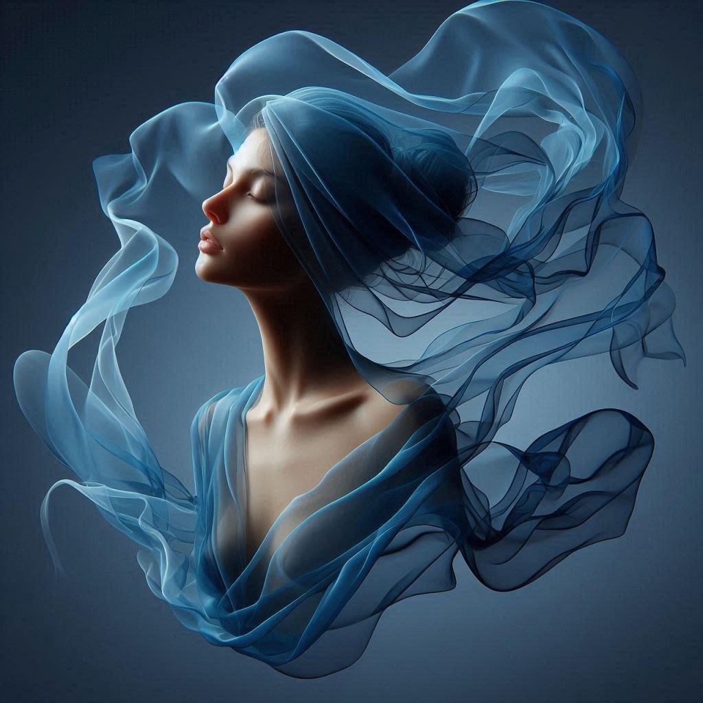 woman dressed in blue, blue elegant scarf