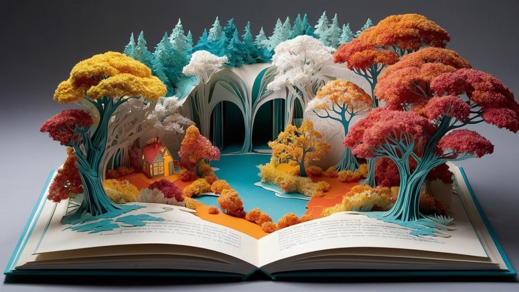 Open book with colorful trees